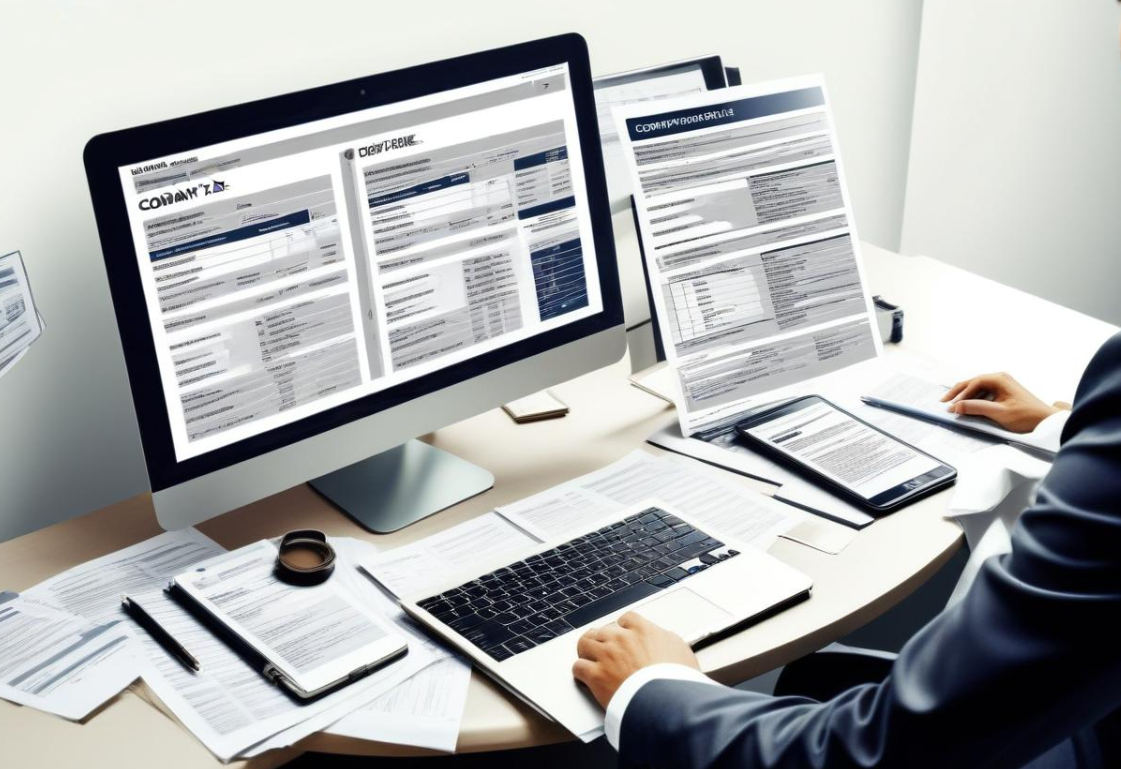 professional office setting featuring a man in a gray suit seated at a curved desk. He is working on a large computer screen displaying a contract document, with multiple smaller screens showing the same document.