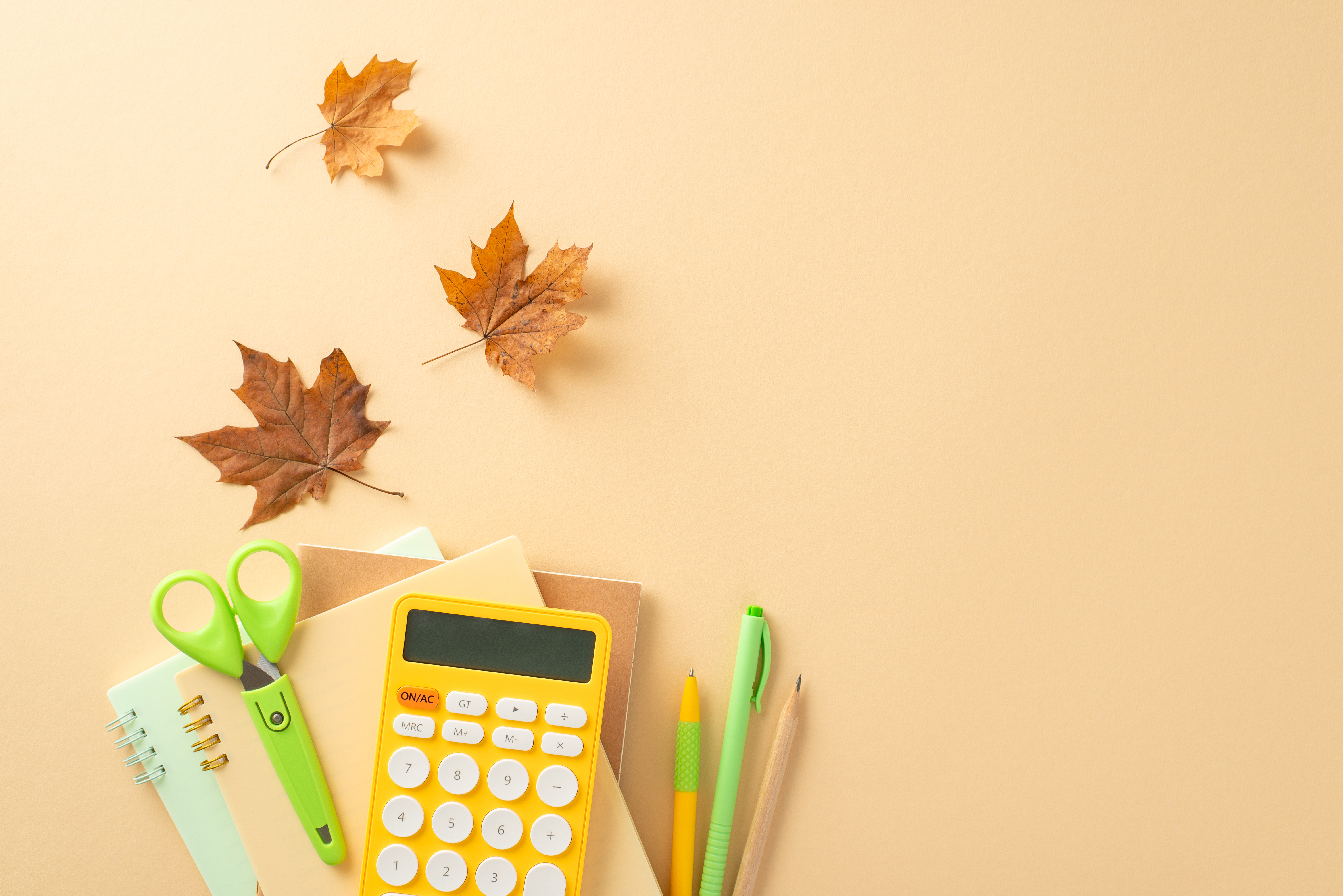 This is a photograph featuring a minimalist, light beige background. At the top left, two brown maple leaves are placed. Below, from left to right, are a pair of lime-green scissors, a light green pencil, a yellow calculator, a yellow pencil, a green penc